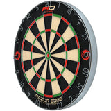 Angled view of Razor Edge dartboard with ultra-thin wire, staple-free bullseye, sisal surface, clear scoring zones