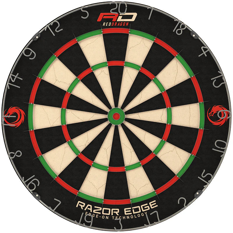 Tournament dartboard top-down view showing razor edge wiring, clear scoring zones, and vibrant sisal surface