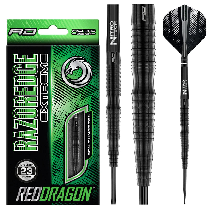 Full view steel tip tungsten darts with packaging, showing razor edge grip and detailed black barrel on white background