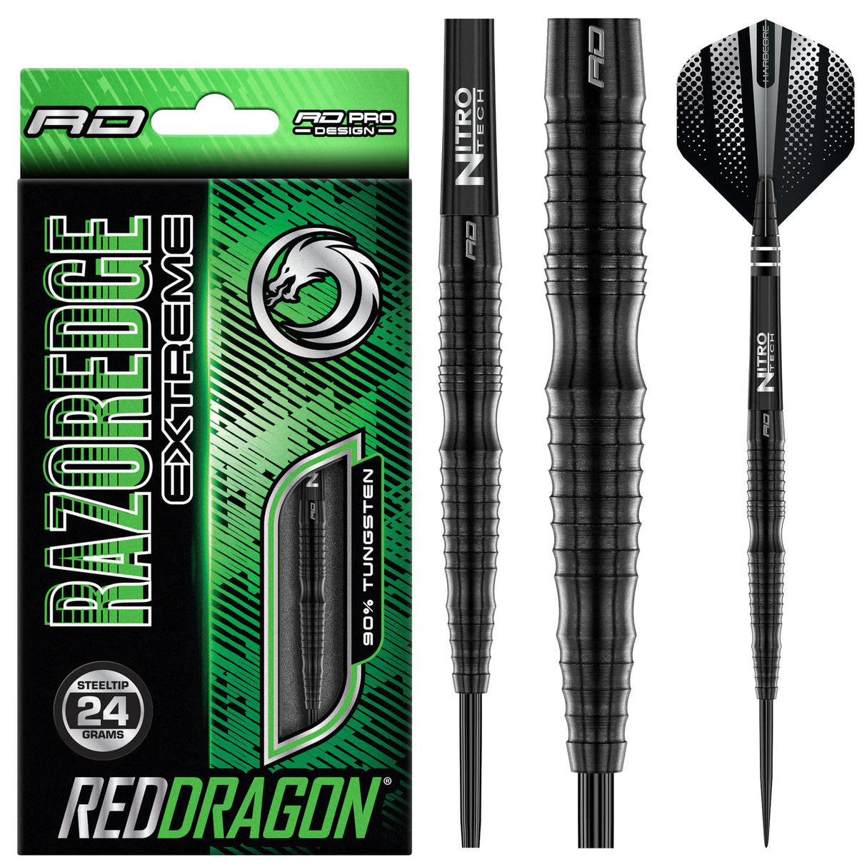 Razor Edge Extreme 90% tungsten darts in packaging with close-up on barrel grip and full assembled dart with black flight, steel tip