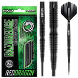Razor Edge Extreme 90% tungsten darts in packaging with close-up on barrel grip and full assembled dart with black flight, steel tip
