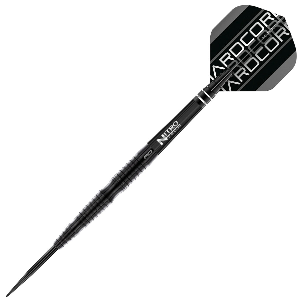 Angled view of 90% tungsten dart with precision grip rings, sleek black barrel, and striped Nitro Tech flight on white background