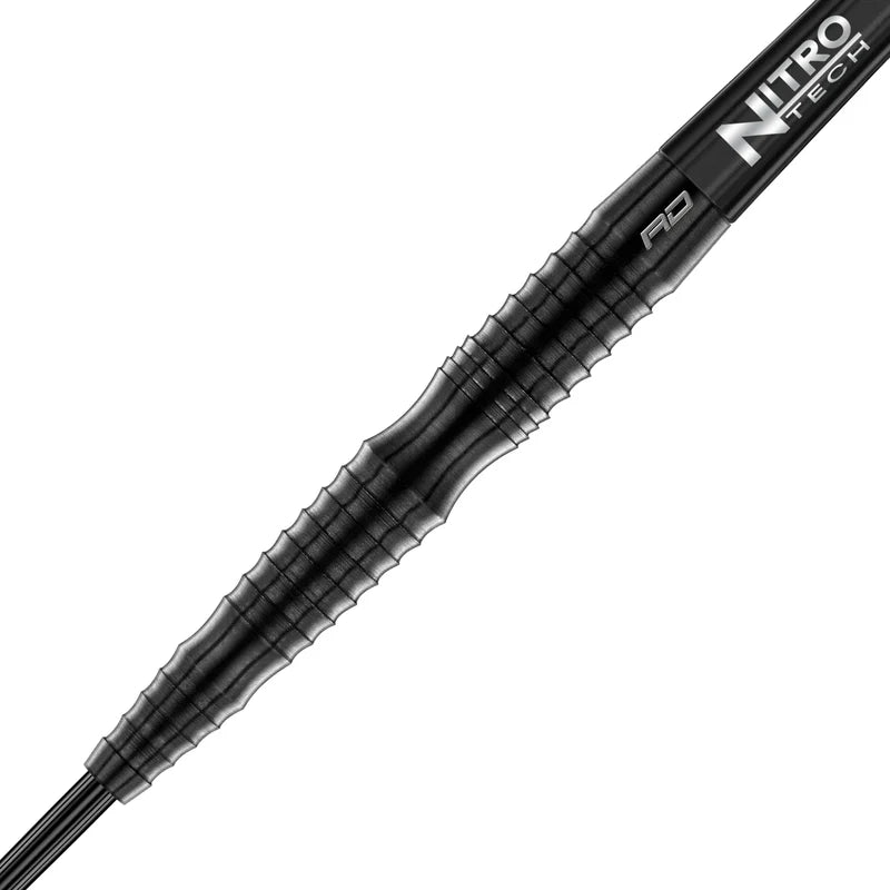 Close-up of 90% tungsten dart barrel and shaft showing razor grip texture and precision grooves, isolated on white