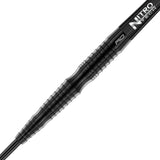 Close-up of 90% tungsten dart barrel and shaft showing razor grip texture and precision grooves, isolated on white