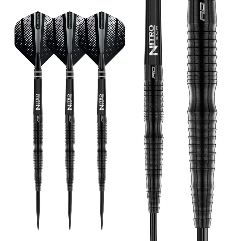 Three 90% tungsten darts with black Nitro Tech shafts and detailed barrel grip, full set and close-up view on white background