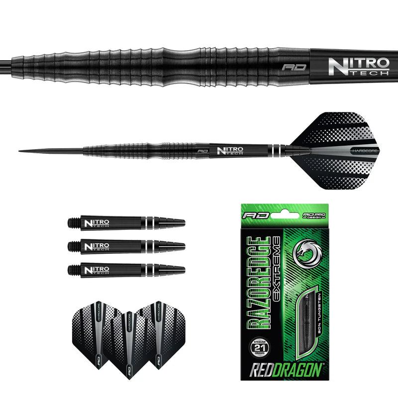 Flat lay of Razor Edge Extreme tungsten darts with close-up barrel grip, Nitro Tech shafts, flights, and retail packaging on white background