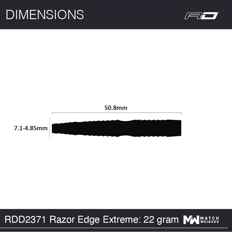 Top-down silhouette of 90% tungsten dart barrel showing 50.8mm length and 7.1-4.85mm diameter for Razor Edge Extreme