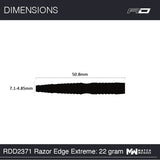 Top-down silhouette of 90% tungsten dart barrel showing 50.8mm length and 7.1-4.85mm diameter for Razor Edge Extreme