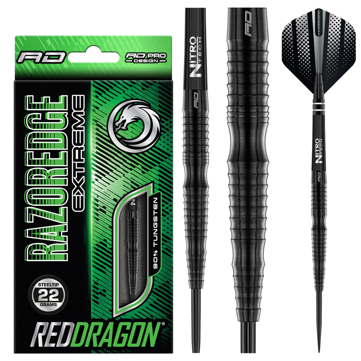 90 percent tungsten steel tip darts with razor edge grip, packaging, close-up barrel texture, and black flight for dart players