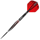 Tungsten dart with tapered barrel, spin-control grooves, black and red grip, and angular red flight, isolated on white background