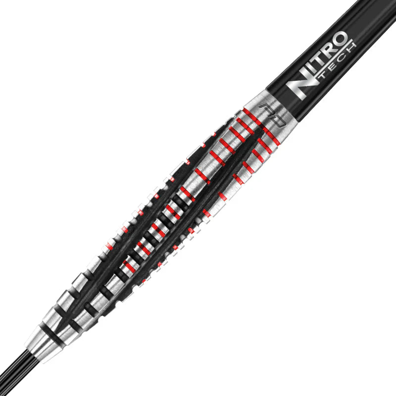 Close-up of 90% tungsten dart barrel with precision grip grooves, machined texture, red detailing, isolated on white background