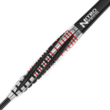 Close-up of 90% tungsten dart barrel with precision grip grooves, machined texture, red detailing, isolated on white background