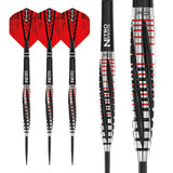 Three 90% tungsten darts with red flights and close-up of barrel grip texture, spin-control grooves, isolated on white background