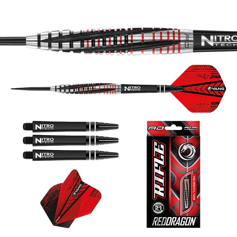 Red and black tungsten darts set with close-up barrel detail, full dart side view, extra shafts, red flights, and retail packaging on white background
