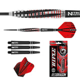Red and black tungsten darts set with close-up barrel detail, full dart side view, extra shafts, red flights, and retail packaging on white background