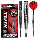 Steel tip 90% tungsten darts with textured grip, red-black flights, close-up barrel detail, and retail packaging display