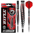 90 percent tungsten steel tip darts with red and black grip grooves, tapered barrel, red flights, shown with packaging and full product display