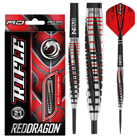 90 percent tungsten steel tip darts with red and black grip grooves, tapered barrel, red flights, shown with packaging and full product display