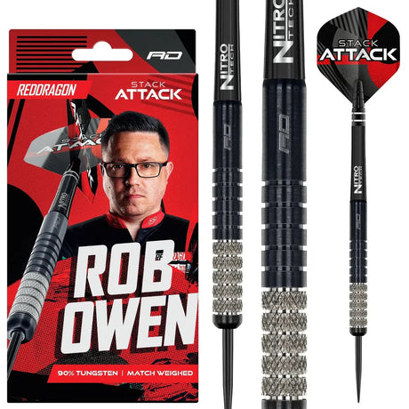 Rob Owen 90% tungsten darts full view with knurled grip, Nitro Tech shaft, Stack Attack flight, and retail packaging.