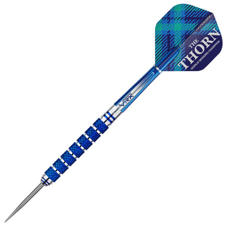 Full view of 95% tungsten dart with blue patterned grip, silver tip, and The Thorn flight, isolated on white background