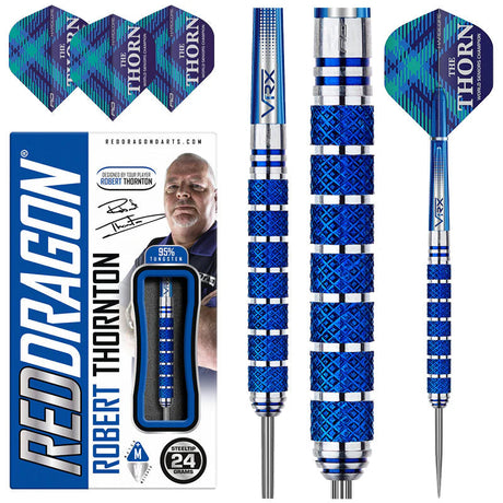 Steel tip tungsten darts set with blue patterned grip, packaging box, close-up barrel detail, and matching flights for dart players