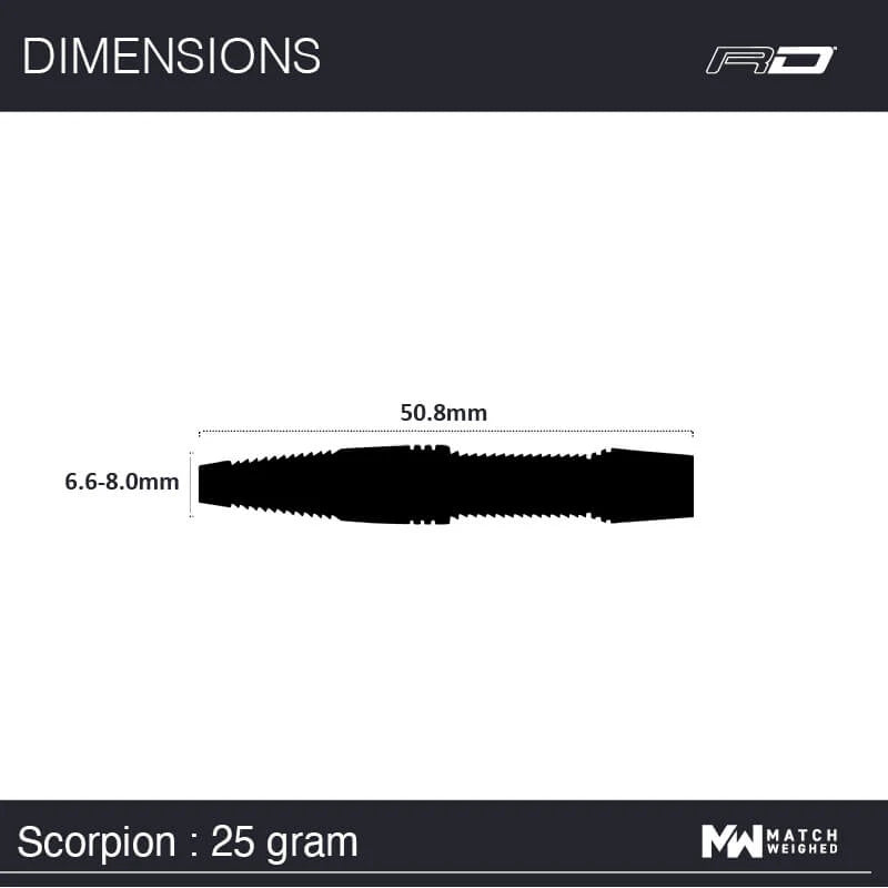 Silhouette diagram of 25 gram tungsten dart barrel with length and width measurements, highlighting detailed barrel profile for dart buyers