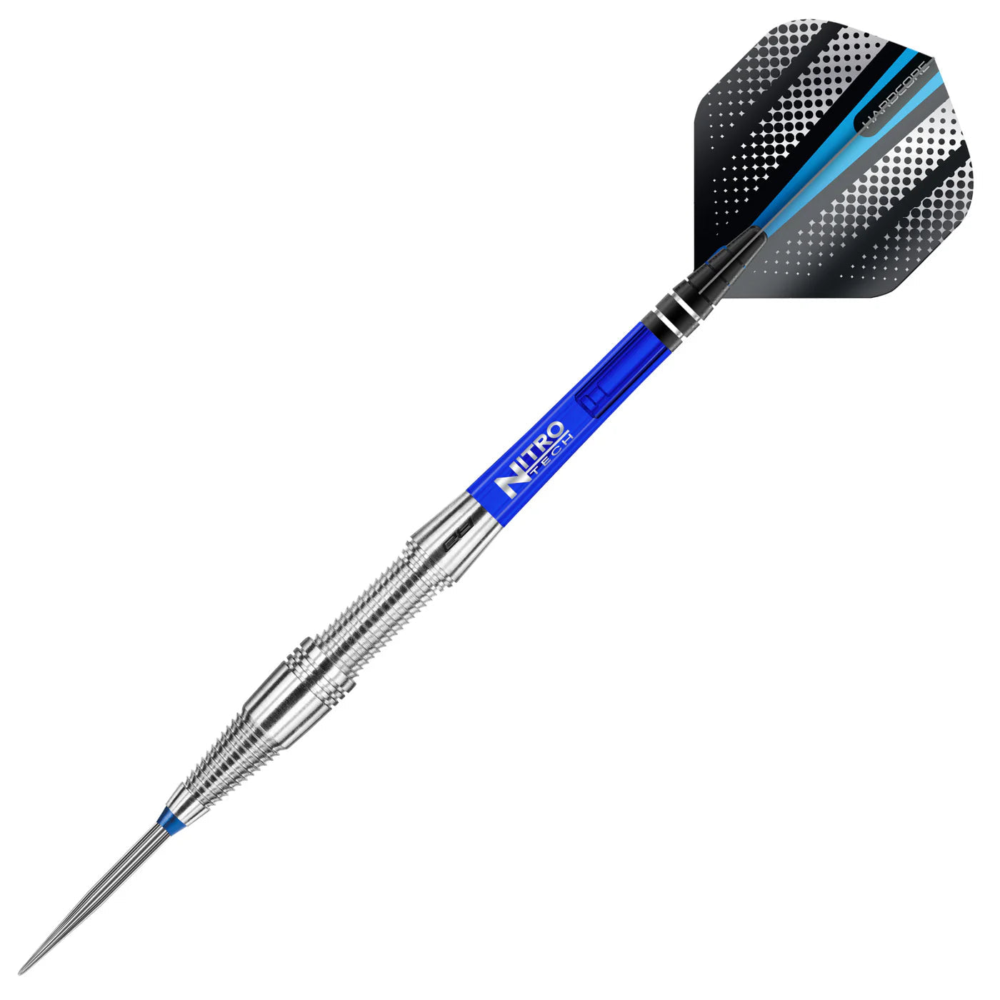 Full view tungsten dart with aggressive grip rings, blue NitroTech shaft, and black patterned flight on white background