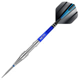 Full view tungsten dart with aggressive grip rings, blue NitroTech shaft, and black patterned flight on white background