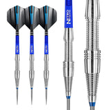Three 85% tungsten steel tip darts with blue Nitro Tech shafts and black flights, plus close-up of barrel grip detailing on white background