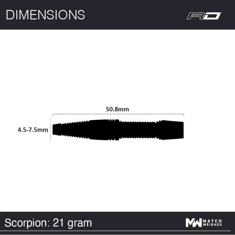 Side view of Scorpions 85% tungsten dart barrel with 50.8mm length and 4.5-7.5mm diameter measurements, technical silhouette