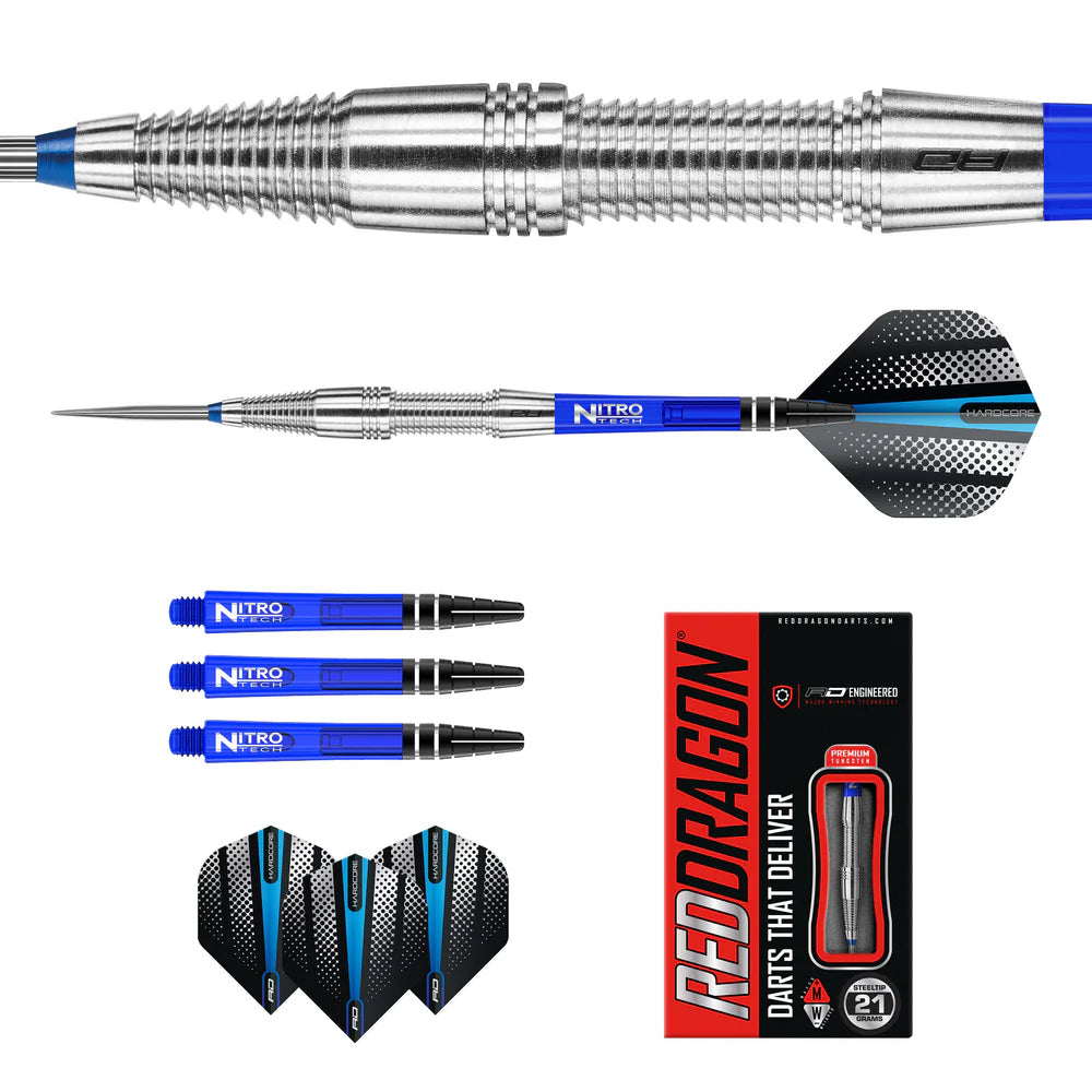 Steel tip dart set with precision grip barrel close-up, full assembled dart, blue shafts, black flights, and retail box on white background
