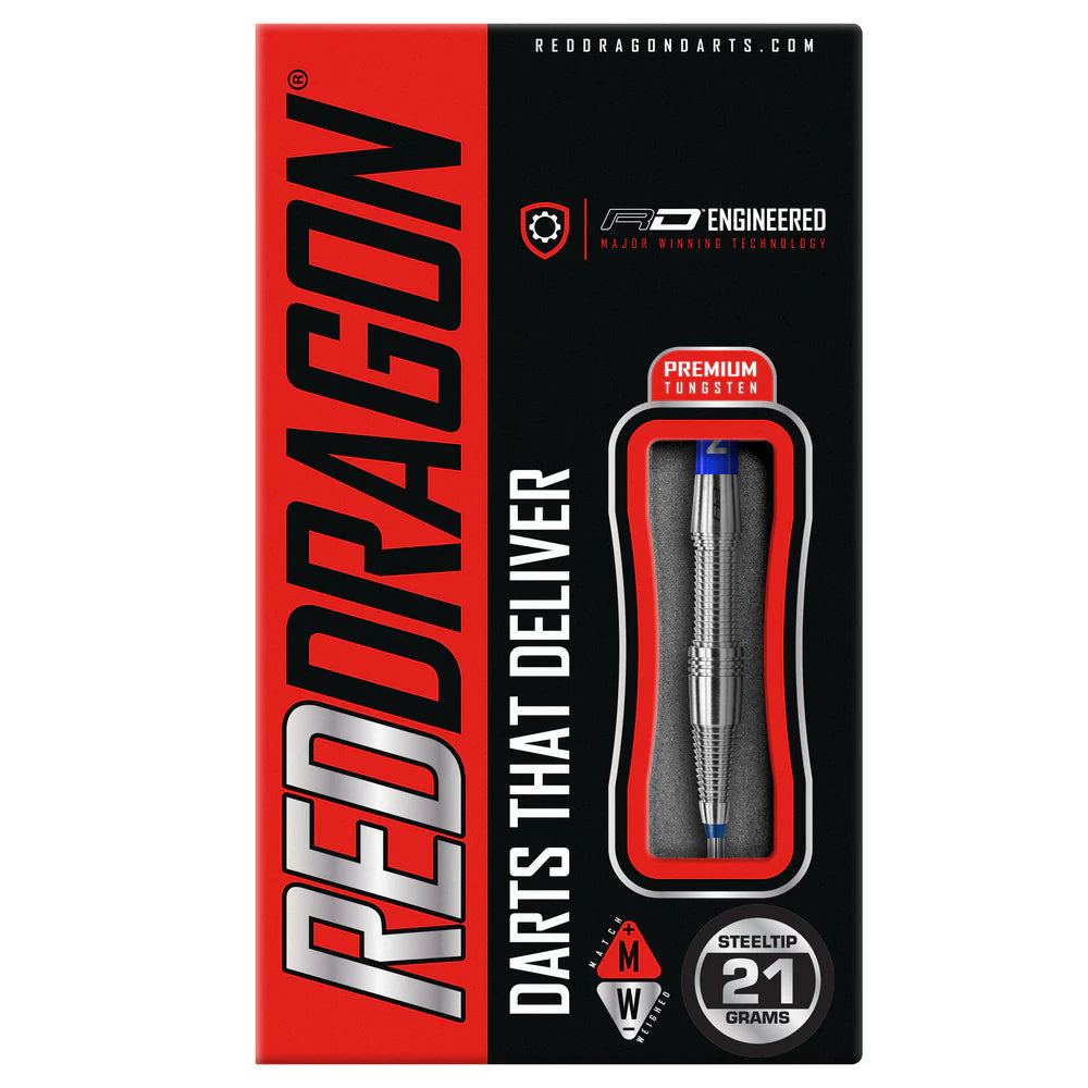 tungsten steel tip dart in retail packaging with 21 grams weight, visible grip texture, display window, and blue flight detail