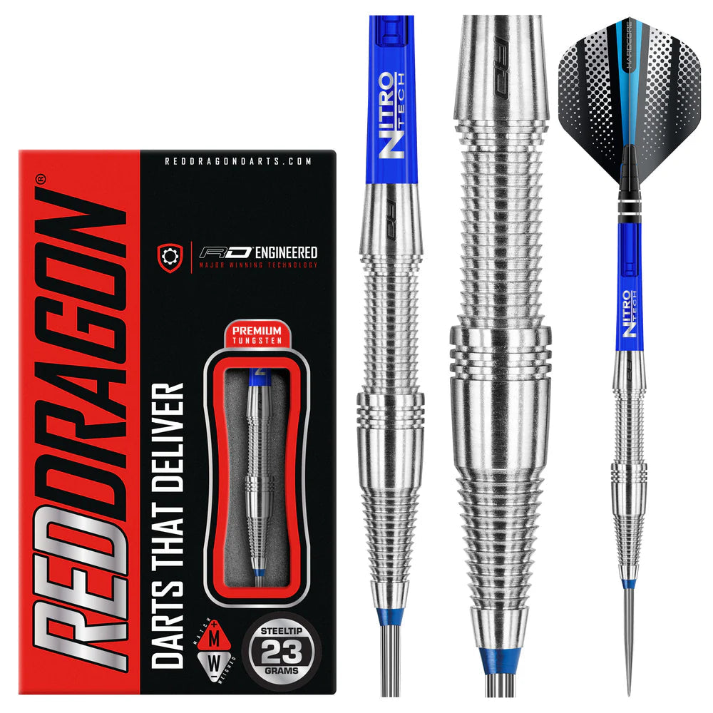Steel tip tungsten darts 23g displayed in packaging and close-up, highlighting grooved grip, blue shaft, and aerodynamic dart flights