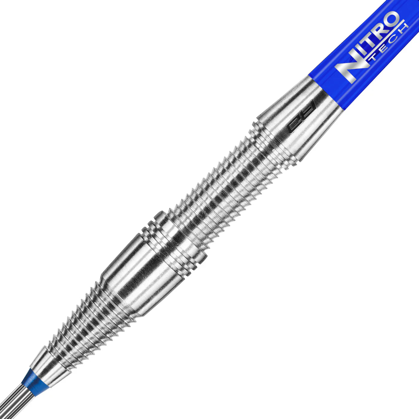 Macro close-up of 85% tungsten dart barrel with aggressive grip grooves and blue shaft, isolated on white background