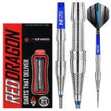 Steel tip tungsten darts set with aggressive grip barrels, nitro tech blue shafts, flight design, and retail box packaging