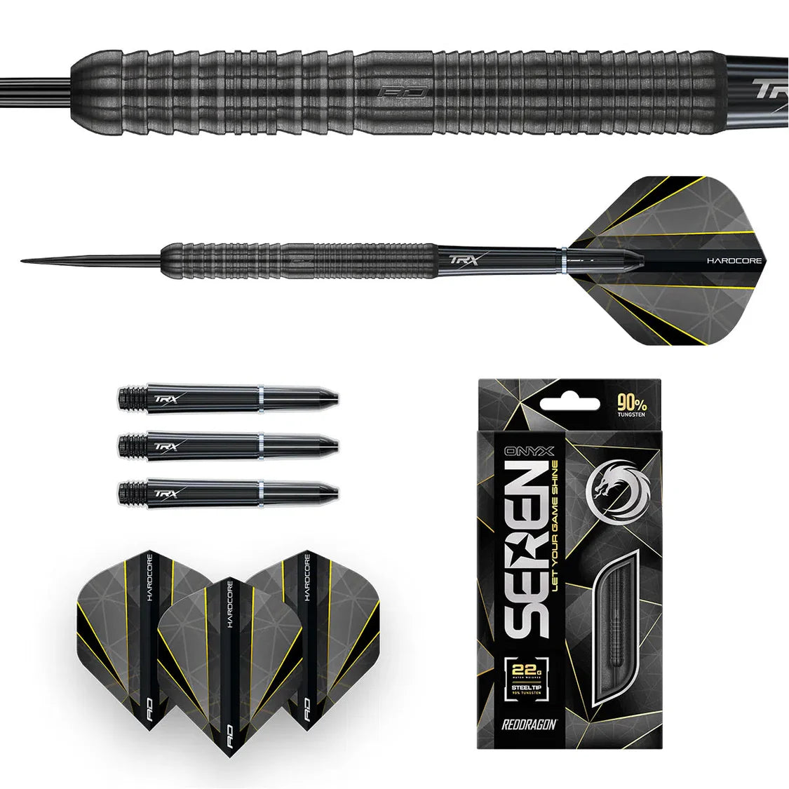 Full view tungsten dart with close-up barrel grip, spare black TRX shafts, flights, and retail box on white background