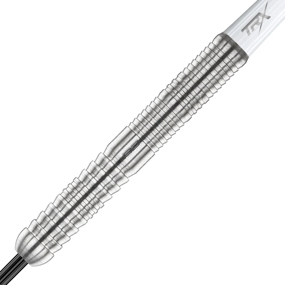 Close-up of 90% tungsten dart barrel showing precision grip rings and knurling for enhanced hold, isolated on white