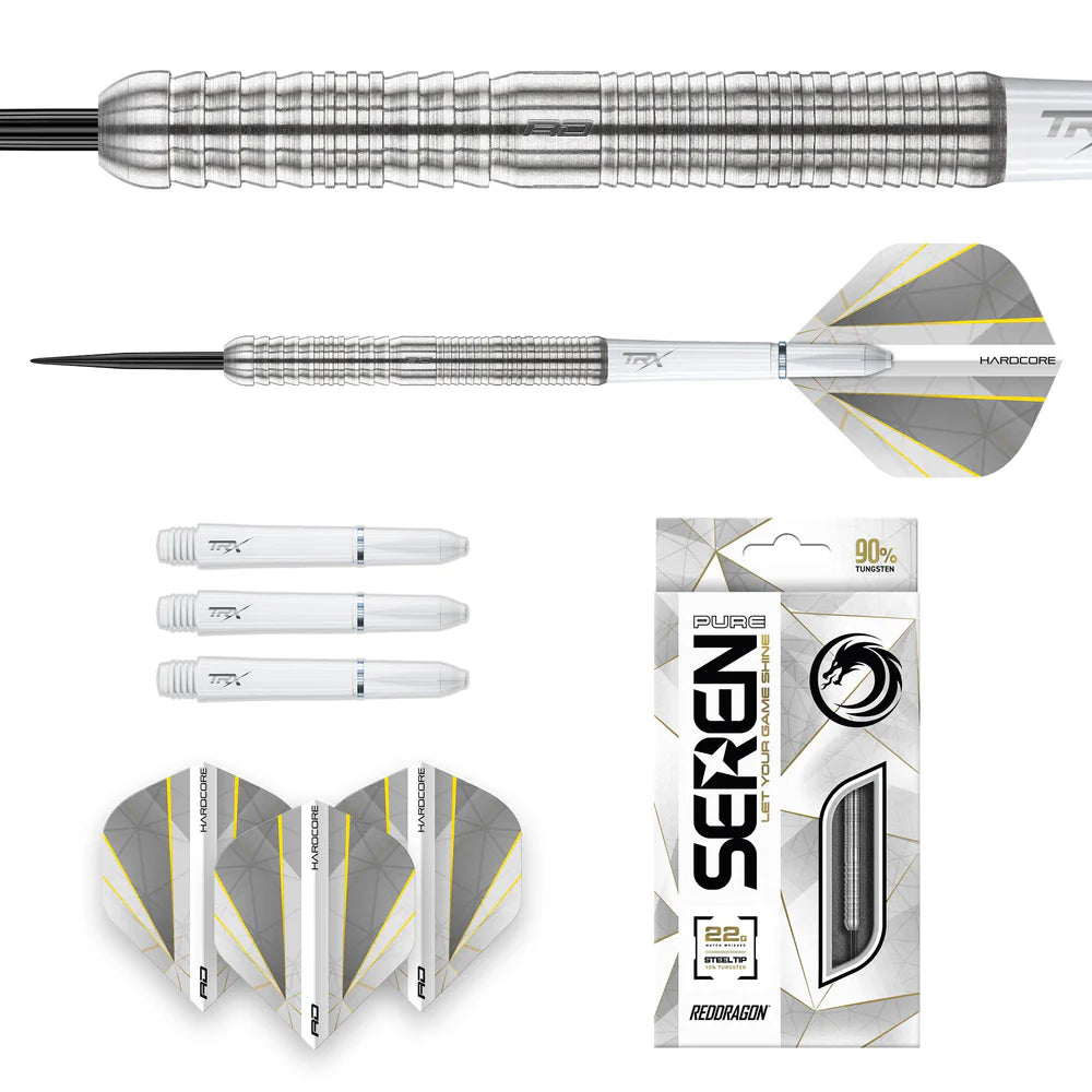 Steel tip tungsten dart set with close-up of barrel grip, full assembled dart, shafts, flights, and retail packaging on white background