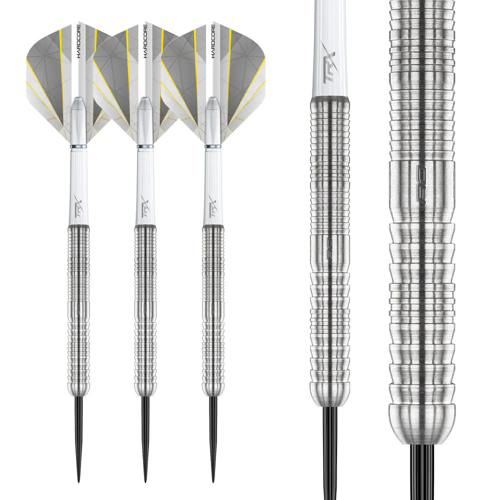 Three tungsten darts full view with two close-ups showing precision barrel grip rings and steel tip detail on white background