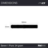 Dart barrel dimensions chart with top-down silhouette, showing 50.8mm length and 6.5mm diameter for 90% tungsten dart