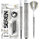 Steel tip tungsten darts with precision grip texture shown next to retail packaging and detailed close-up of barrel and flight