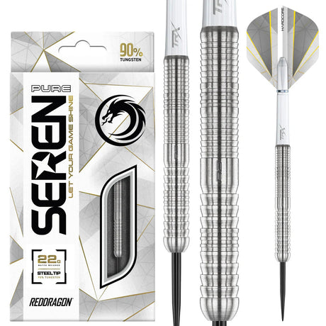 Steel tip tungsten darts with precision grip texture shown next to retail packaging and detailed close-up of barrel and flight