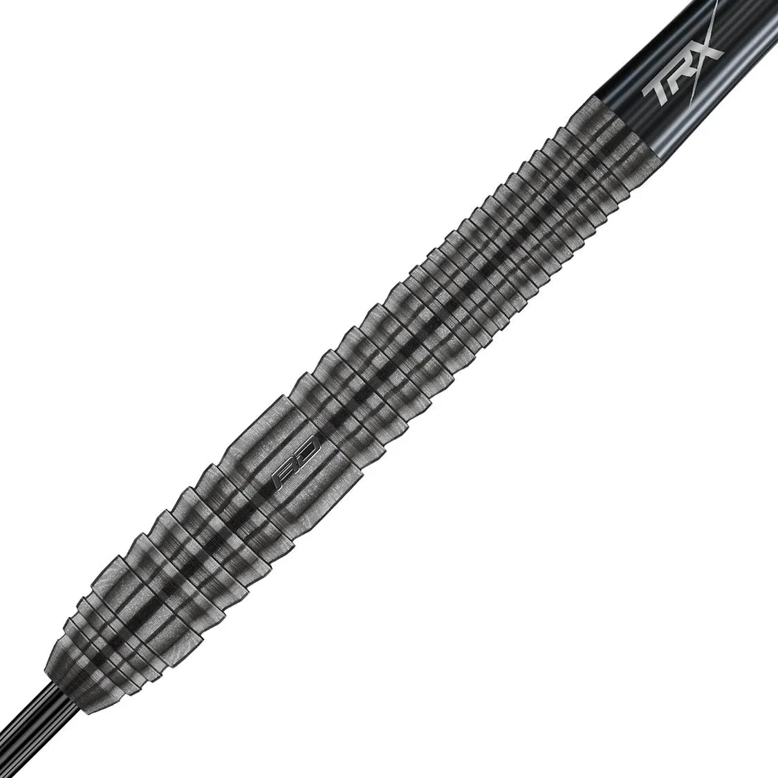 Close-up of Seren 2 Onyx 90% tungsten dart barrel showing precision grip rings and black onyx finish, isolated on white