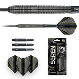 Top-down view of Red Dragon Seren 2 Onyx 90% tungsten darts set with close-up grip barrel, extra shafts, flights, and retail box.