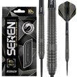 Steel tip tungsten darts set shown with retail packaging, close-up of ringed grip barrel, and black yellow geometric flights