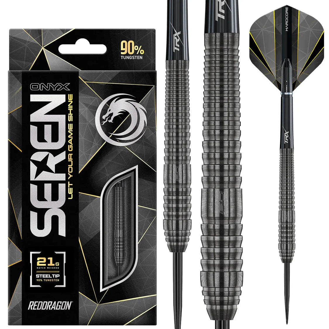 Steel tip tungsten darts set shown with retail packaging, close-up of ringed grip barrel, and black yellow geometric flights