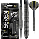 Steel tip tungsten darts set shown with retail packaging, close-up of ringed grip barrel, and black yellow geometric flights
