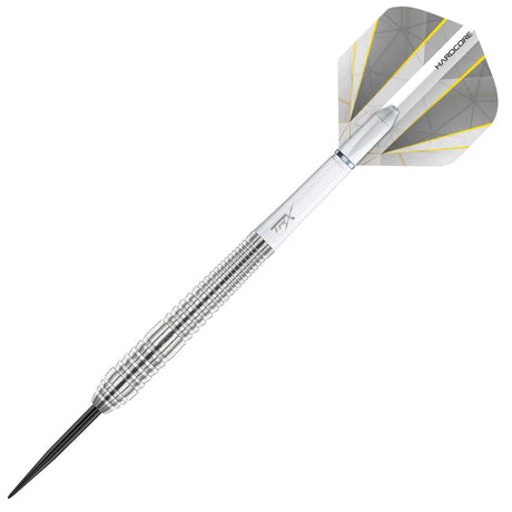 Full view tungsten dart with precision ringed barrel, black tip, and geometric silver flight on white background