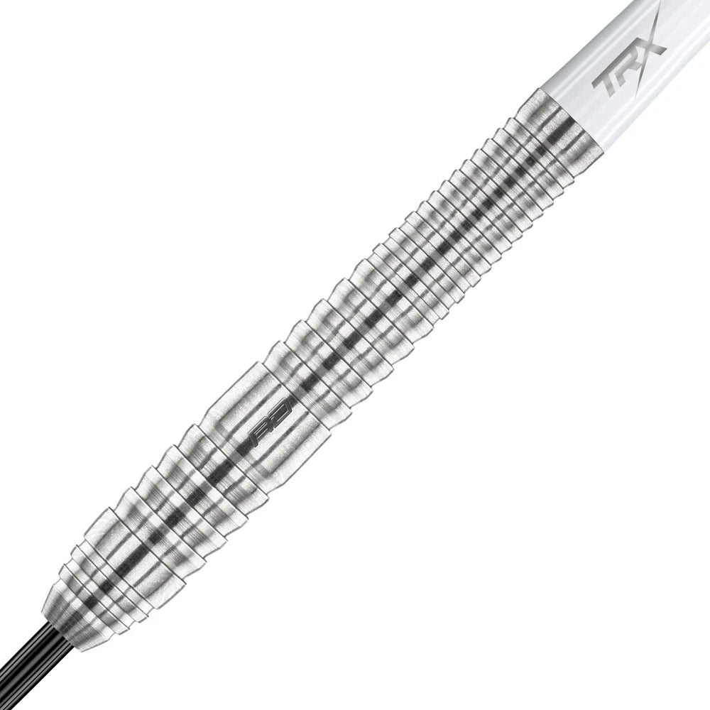 Close-up angled view of 90% tungsten dart barrel showing detailed grip texture and precision machined grooves on white background