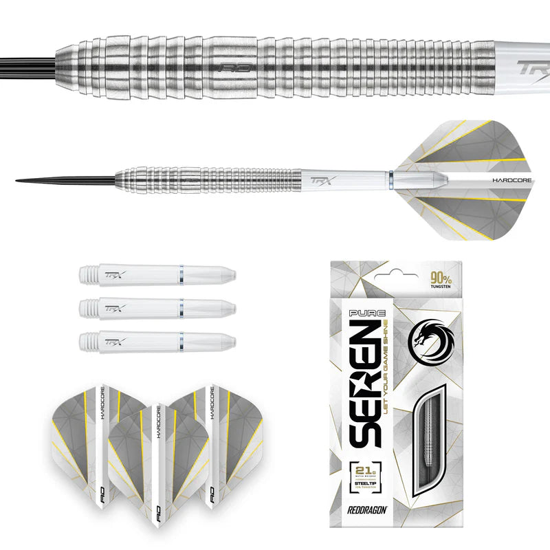 Steel tip tungsten darts with knurled grip, white and gold geometric flights, spare shafts, close-up barrel detail, and packaging display.